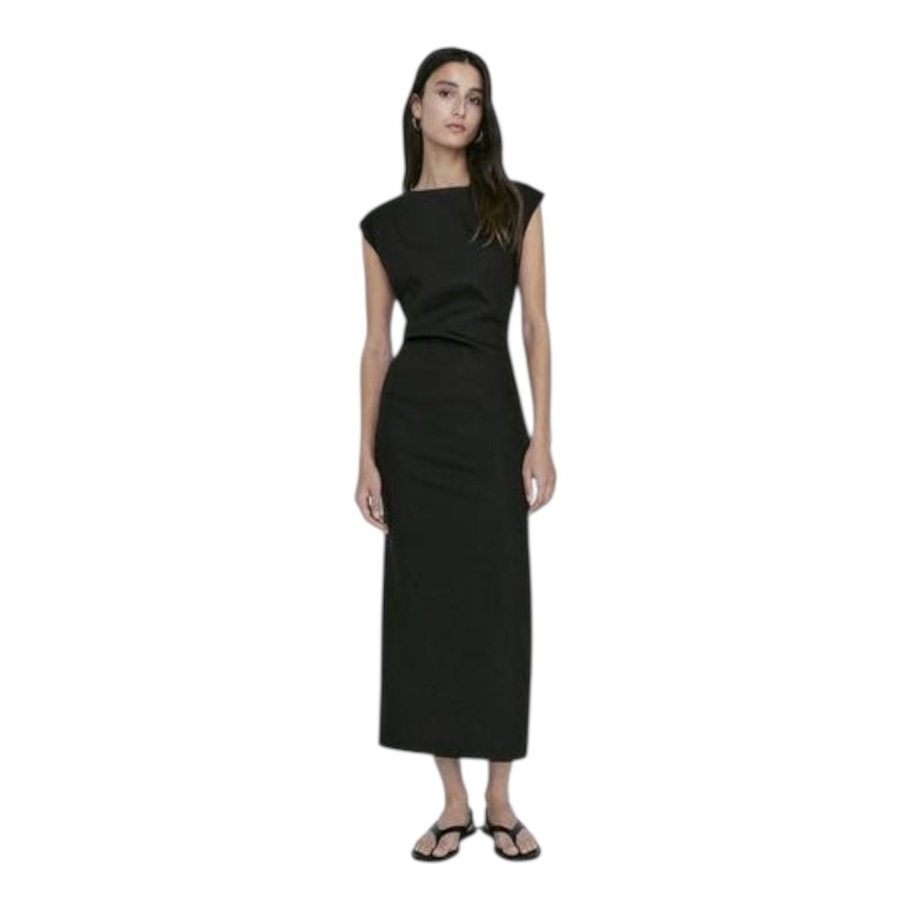 Massimo Dutti Linen Blend Dress With Ruched Detail Black M NWT